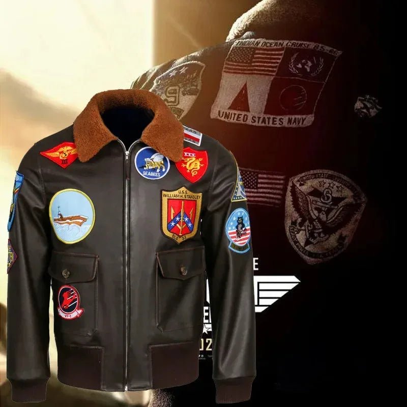 Top Gun: Maverick Aviator Pilot Leather Jacket Men's Brown Winter Jacket Air Force Collar Coat Halloween Cosplay Outfits - StepByStep