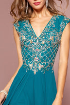 V - Neck Chiffon Floor Length Dress with Jewel Embellished Bodice - StepByStepNow