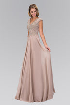 V - Neck Chiffon Floor Length Dress with Jewel Embellished Bodice - StepByStepNow
