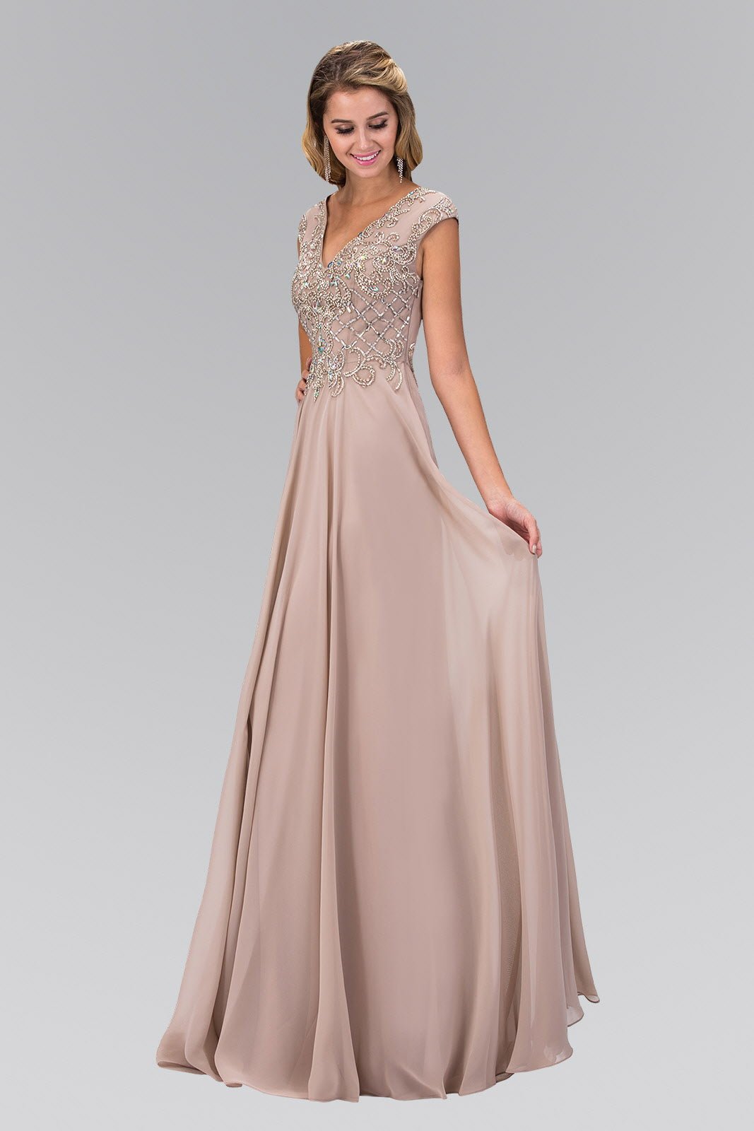 V - Neck Chiffon Floor Length Dress with Jewel Embellished Bodice - StepByStepNow