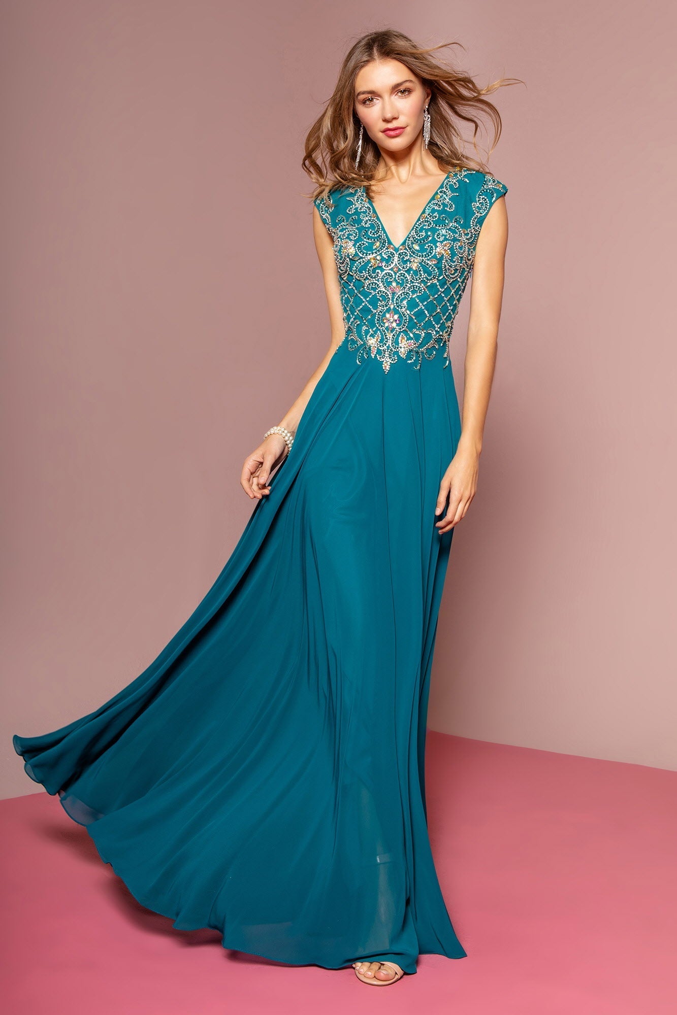 V - Neck Chiffon Floor Length Dress with Jewel Embellished Bodice - StepByStepNow