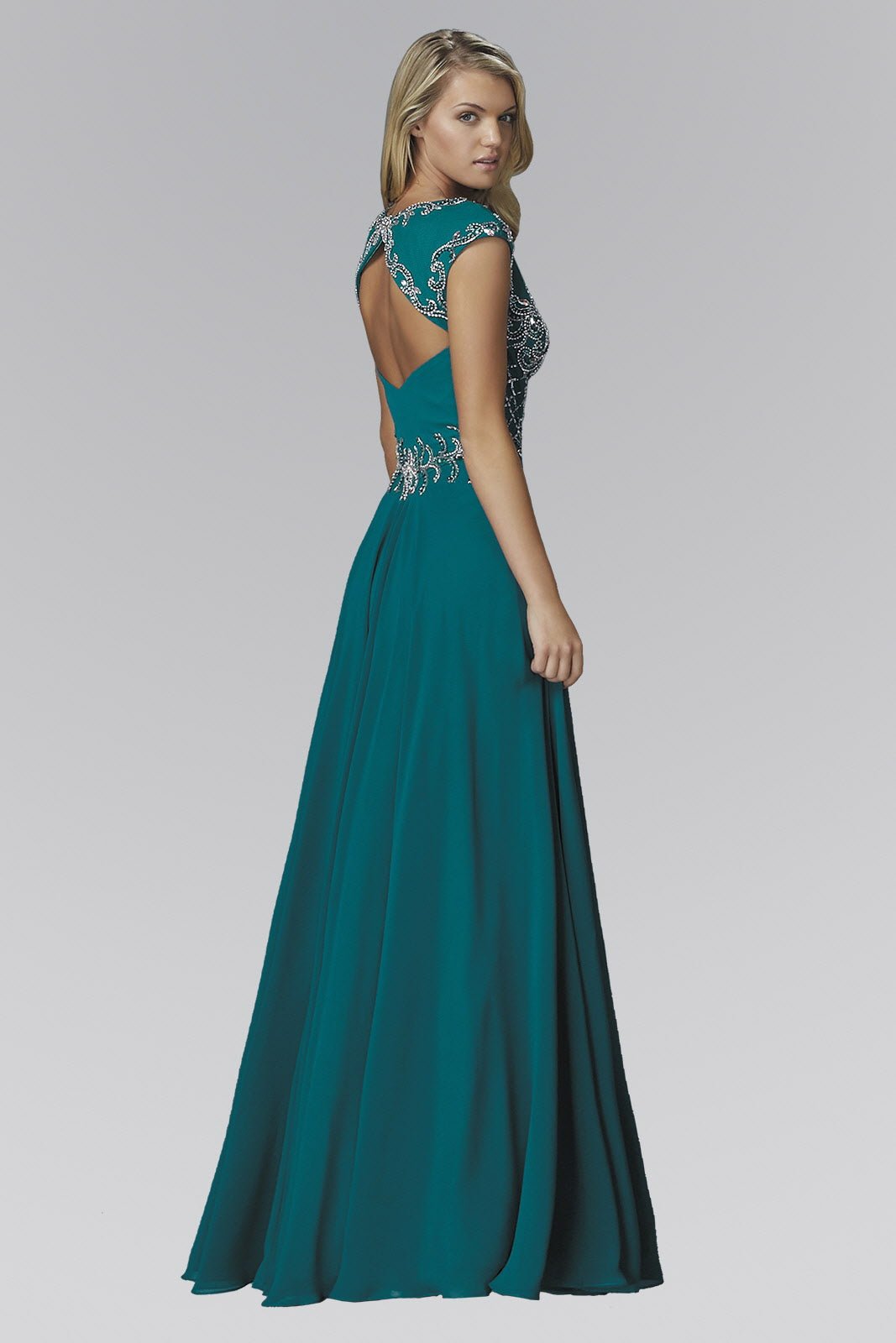 V - Neck Chiffon Floor Length Dress with Jewel Embellished Bodice - StepByStepNow