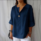 V - neck Long - sleeved T-shirt Fashion Loose Cotton And Linen Button Tops For Women - StepByStepNow