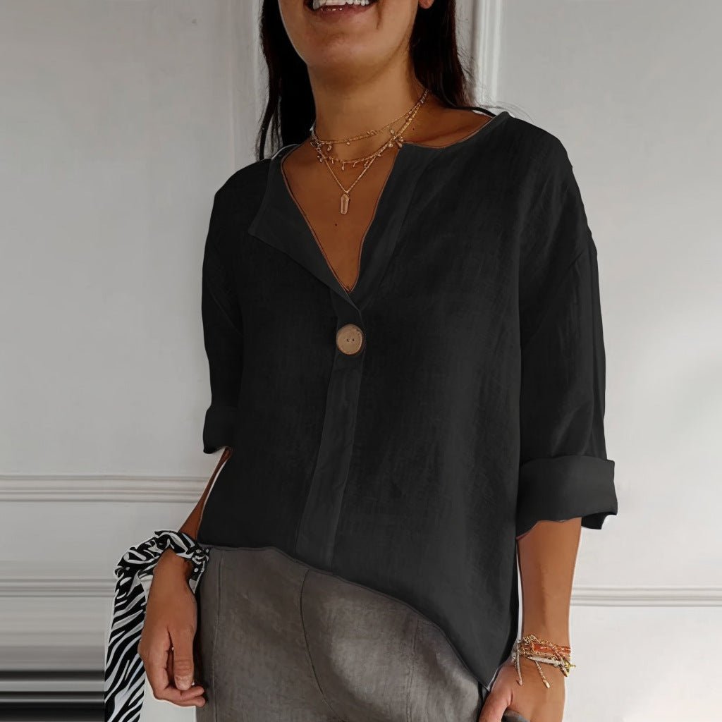 V - neck Long - sleeved T-shirt Fashion Loose Cotton And Linen Button Tops For Women - StepByStepNow
