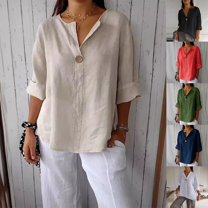 V - neck Long - sleeved T-shirt Fashion Loose Cotton And Linen Button Tops For Women - StepByStepNow