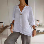 V - neck Long - sleeved T-shirt Fashion Loose Cotton And Linen Button Tops For Women - StepByStepNow