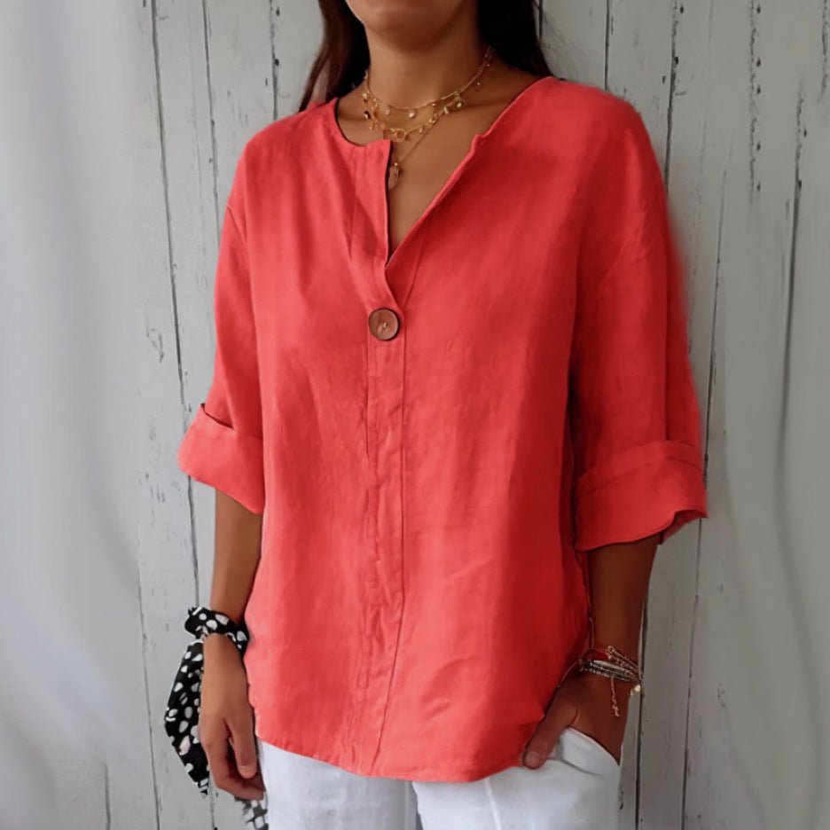 V - neck Long - sleeved T-shirt Fashion Loose Cotton And Linen Button Tops For Women - StepByStepNow