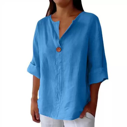 V - neck Long - sleeved T-shirt Fashion Loose Cotton And Linen Button Tops For Women - StepByStepNow