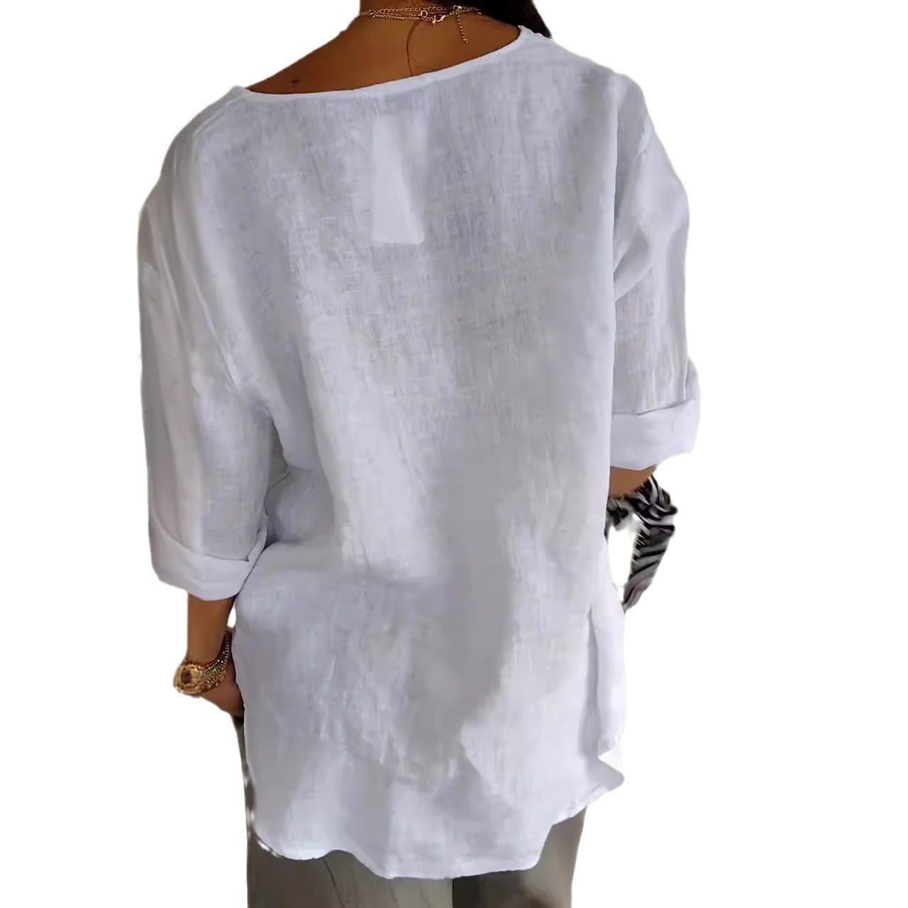 V - neck Long - sleeved T-shirt Fashion Loose Cotton And Linen Button Tops For Women - StepByStepNow