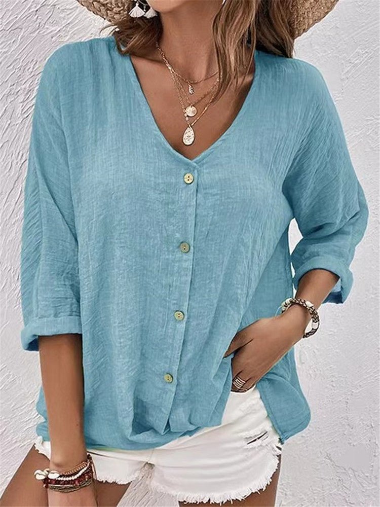 V - neck Long - sleeved T-shirt Fashion Solid Color Button Top Casual Loose Clothing For Women - StepByStepNow