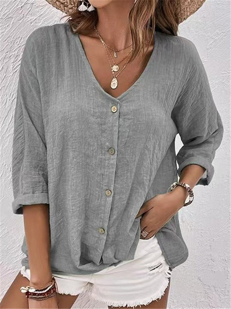 V - neck Long - sleeved T-shirt Fashion Solid Color Button Top Casual Loose Clothing For Women - StepByStepNow