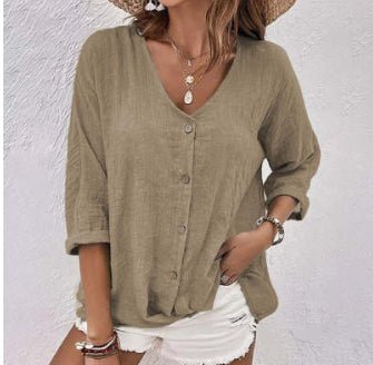 V - neck Long - sleeved T-shirt Fashion Solid Color Button Top Casual Loose Clothing For Women - StepByStepNow