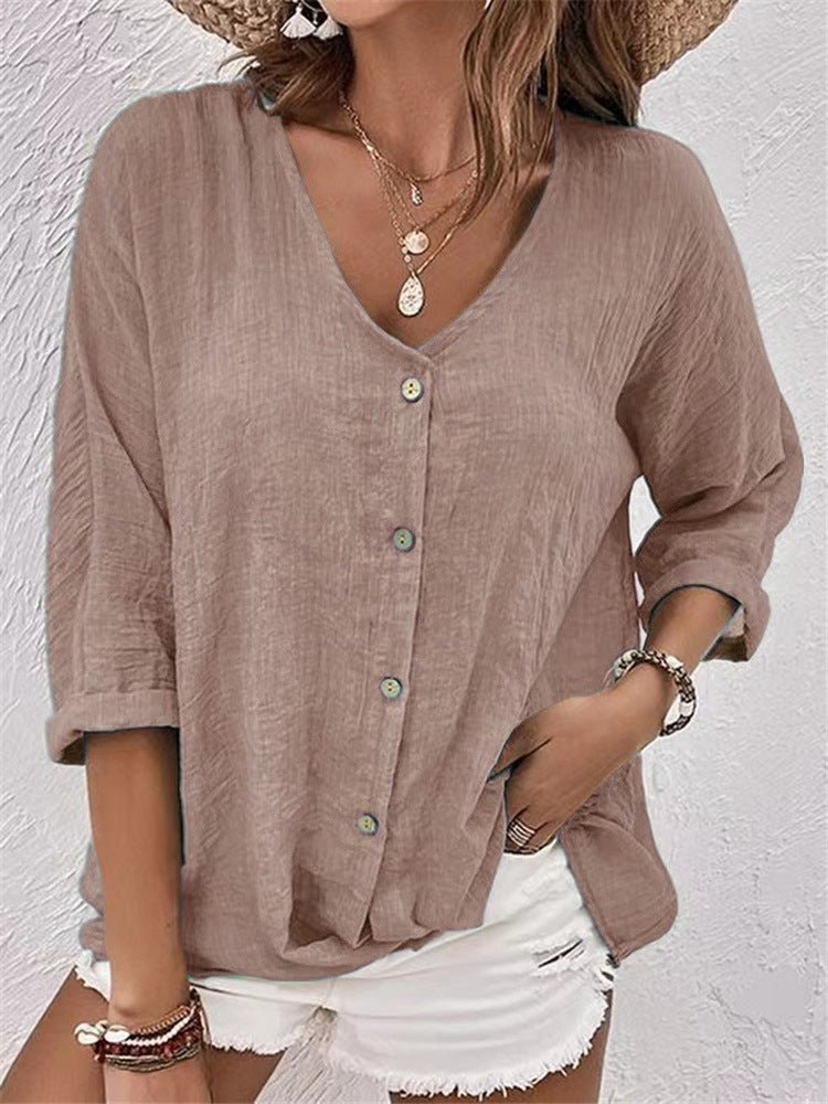 V - neck Long - sleeved T-shirt Fashion Solid Color Button Top Casual Loose Clothing For Women - StepByStepNow