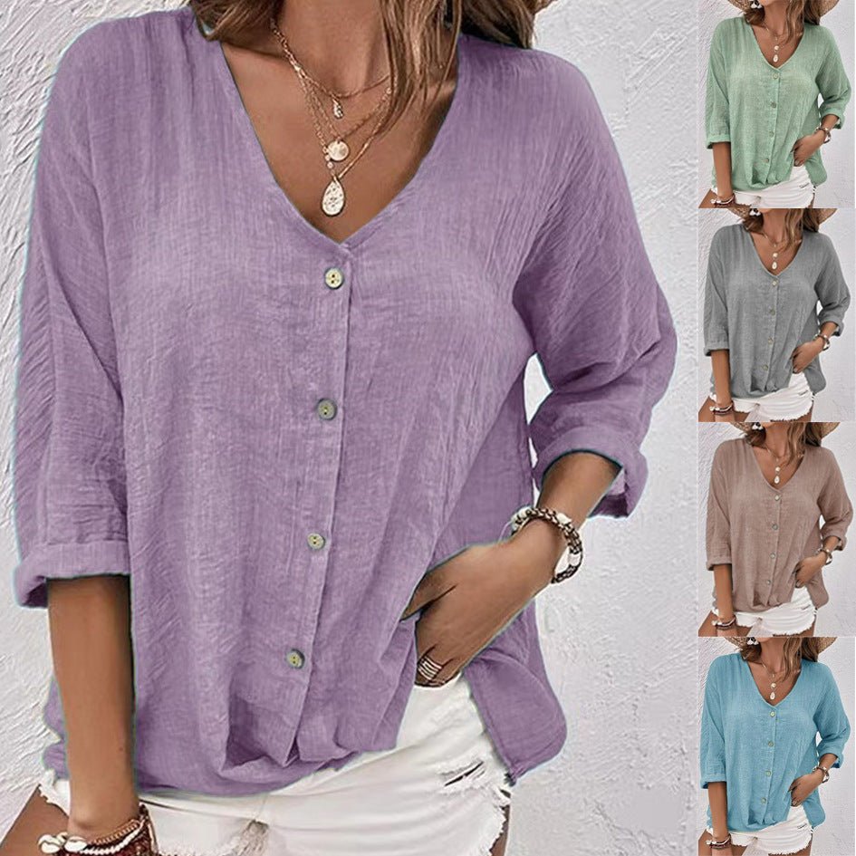 V - neck Long - sleeved T-shirt Fashion Solid Color Button Top Casual Loose Clothing For Women - StepByStepNow