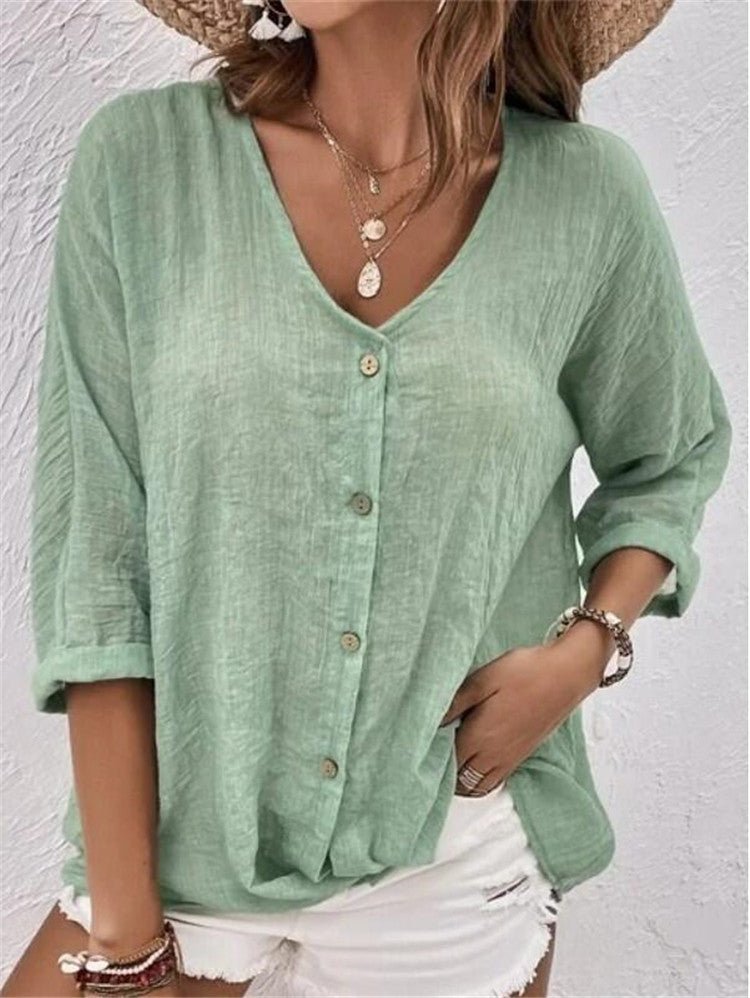 V - neck Long - sleeved T-shirt Fashion Solid Color Button Top Casual Loose Clothing For Women - StepByStepNow