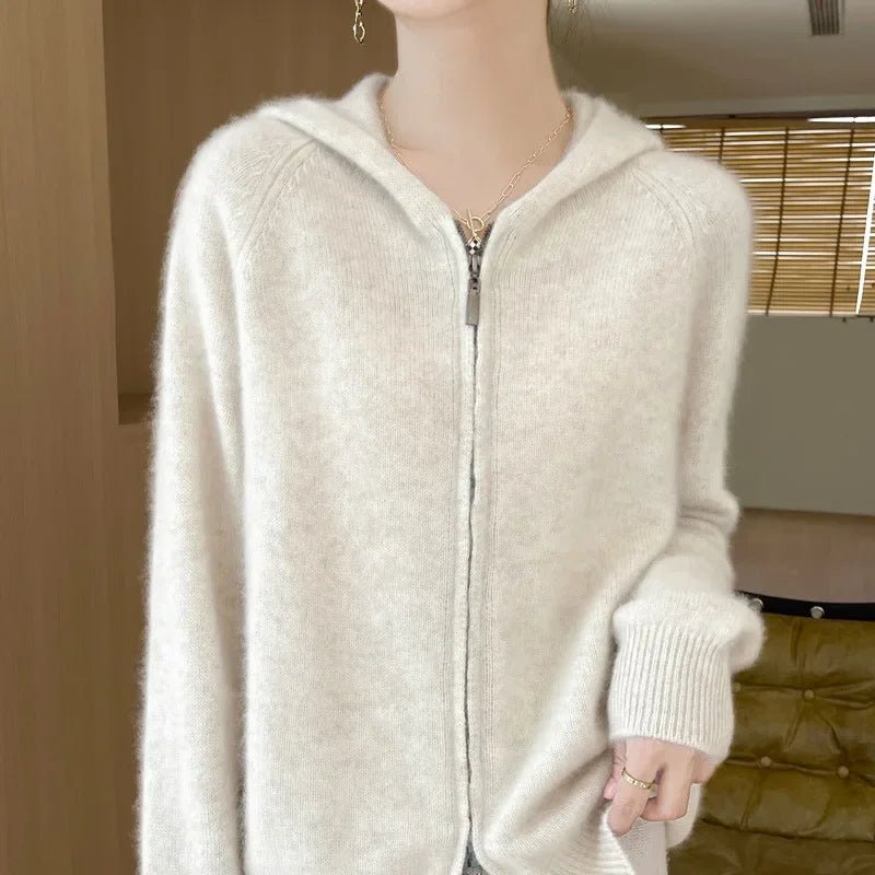 Vendita calda della stagione Primavera Autunno Nuovo cardigan con cappuccio lavorato a maglia in pura lana Tinta unita da donna Versatile Base con cerniera dimagrante Ou - StepByStepNow
