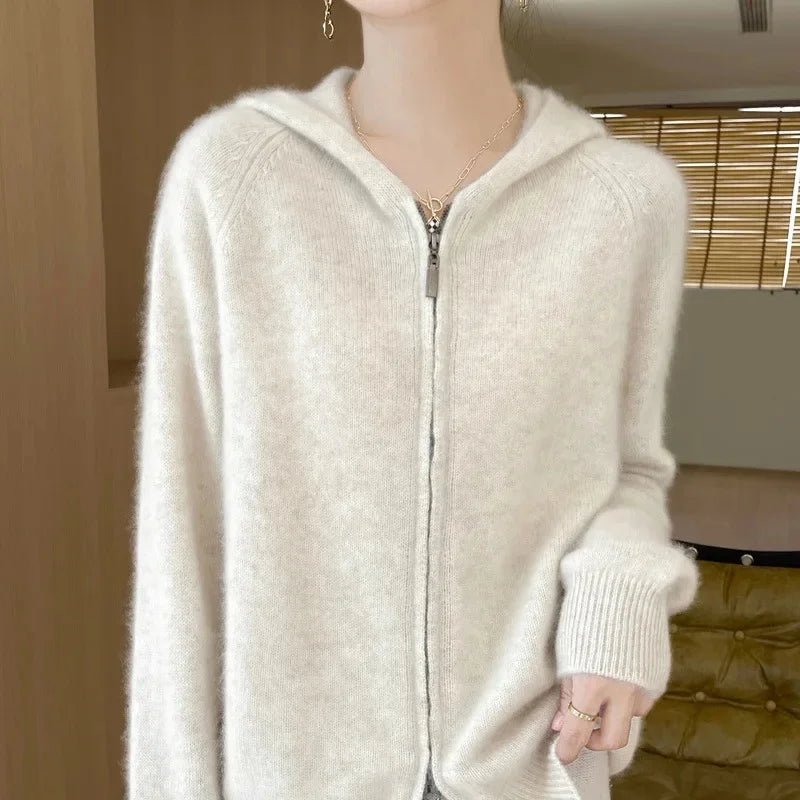 Vendita calda della stagione Primavera Autunno Nuovo cardigan con cappuccio lavorato a maglia in pura lana Tinta unita da donna Versatile Base con cerniera dimagrante Ou - StepByStepNow
