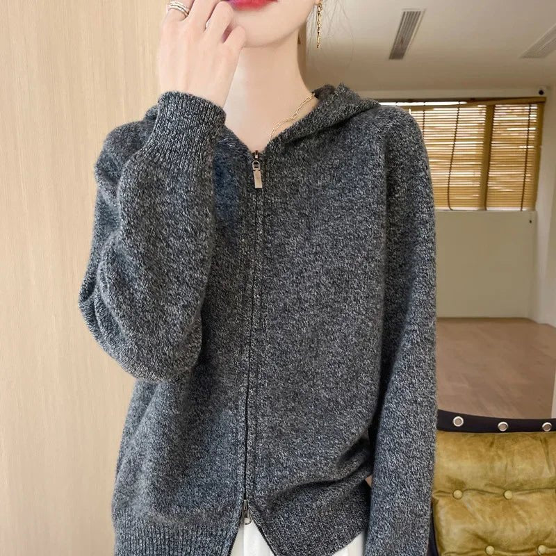 Vendita calda della stagione Primavera Autunno Nuovo cardigan con cappuccio lavorato a maglia in pura lana Tinta unita da donna Versatile Base con cerniera dimagrante Ou - StepByStepNow