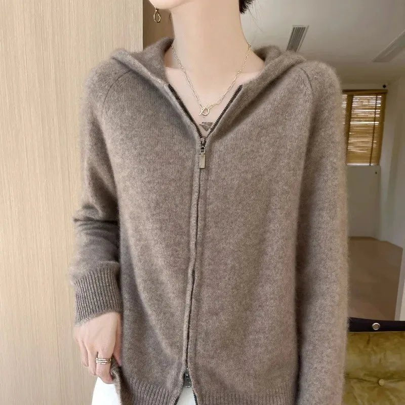 Vendita calda della stagione Primavera Autunno Nuovo cardigan con cappuccio lavorato a maglia in pura lana Tinta unita da donna Versatile Base con cerniera dimagrante Ou - StepByStepNow