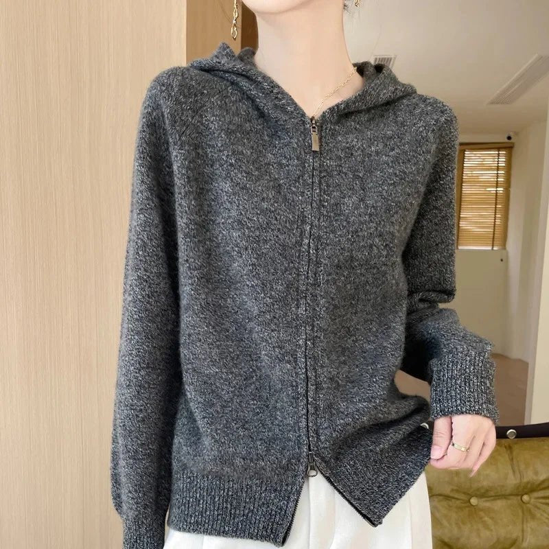 Vendita calda della stagione Primavera Autunno Nuovo cardigan con cappuccio lavorato a maglia in pura lana Tinta unita da donna Versatile Base con cerniera dimagrante Ou - StepByStepNow