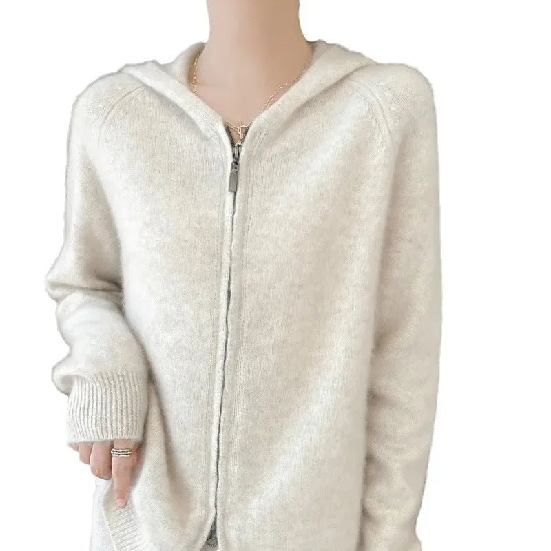 Vendita calda della stagione Primavera Autunno Nuovo cardigan con cappuccio lavorato a maglia in pura lana Tinta unita da donna Versatile Base con cerniera dimagrante Ou - StepByStepNow