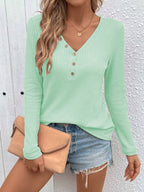 Waffle V - neck Buttons Long Sleeve T-shirt - StepByStepNow