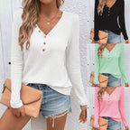 Waffle V - neck Buttons Long Sleeve T-shirt - StepByStepNow