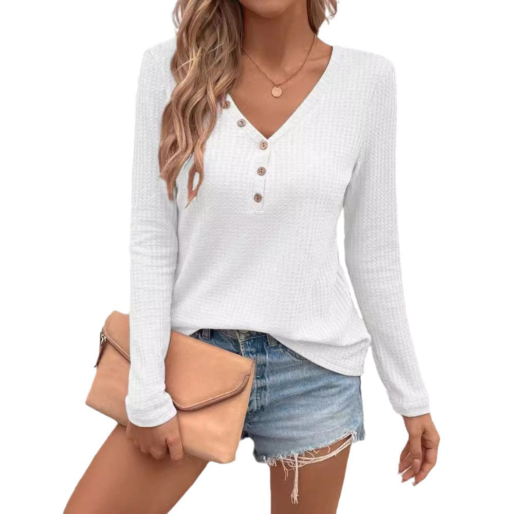Waffle V - neck Buttons Long Sleeve T-shirt - StepByStepNow