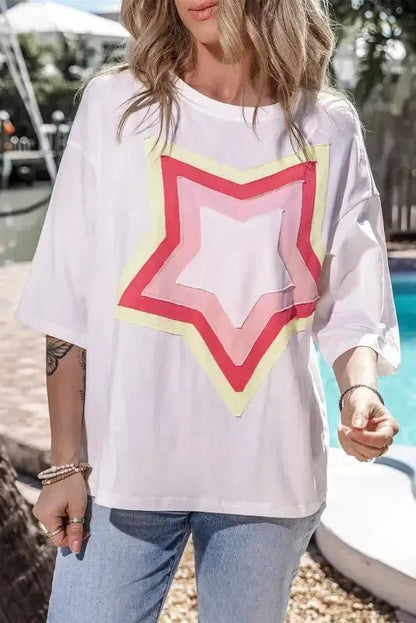 White Colorblock Star Patched Half Sleeve Oversized Tee - StepByStep