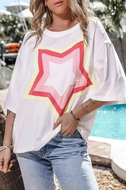 White Colorblock Star Patched Half Sleeve Oversized Tee - StepByStep