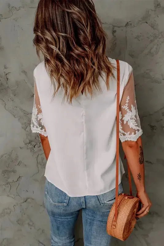White Floral Lace Sleeve Patchwork Top - StepByStep