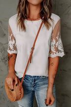 White Floral Lace Sleeve Patchwork Top - StepByStep