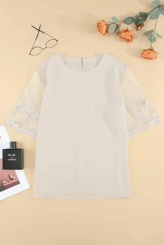 White Floral Lace Sleeve Patchwork Top - StepByStep