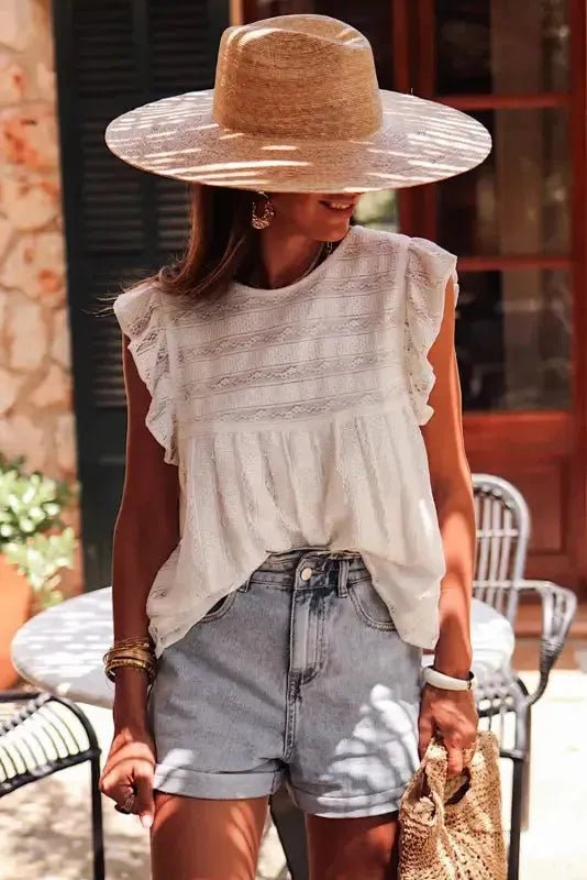 White Ruffled Lace Flowy Tank Top - StepByStep