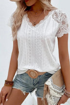 White Sheer Lace Short Sleeves Eyelet Embroidered Tee - StepByStep