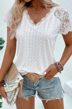 White Sheer Lace Short Sleeves Eyelet Embroidered Tee - StepByStep