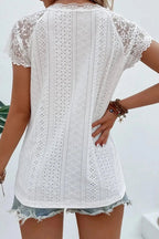 White Sheer Lace Short Sleeves Eyelet Embroidered Tee - StepByStep