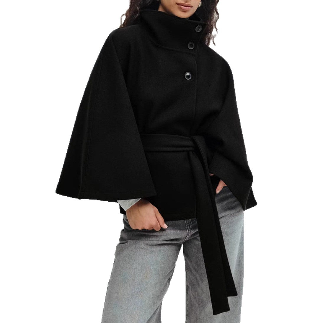 Winter High Neck Batwing Sleeve Coat With Belt Fashion Loose Elegant Button Top Trench Coat For Women Clothing - StepByStepNow