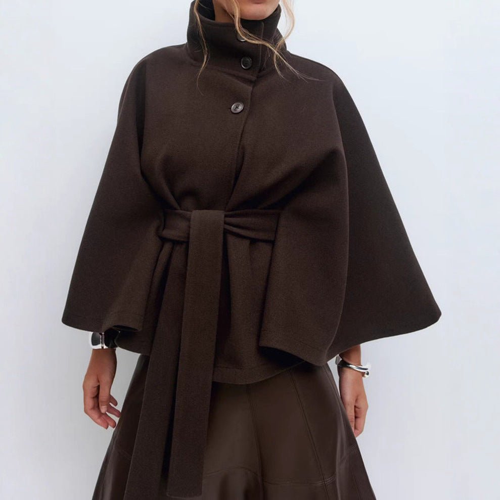 Winter High Neck Batwing Sleeve Coat With Belt Fashion Loose Elegant Button Top Trench Coat For Women Clothing - StepByStepNow