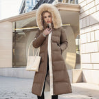 Winter Slim Long Jacket With Fur Hood And Belt Fashion Solid Hooded Coat Warm Clothing For Women - StepByStepNow