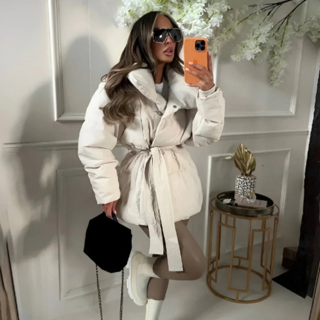 Winter Thickened Jacket Fashion Lapel Cotton Coat With Belt Warm Casual Top Outwear Women's Clothing - StepByStepNow