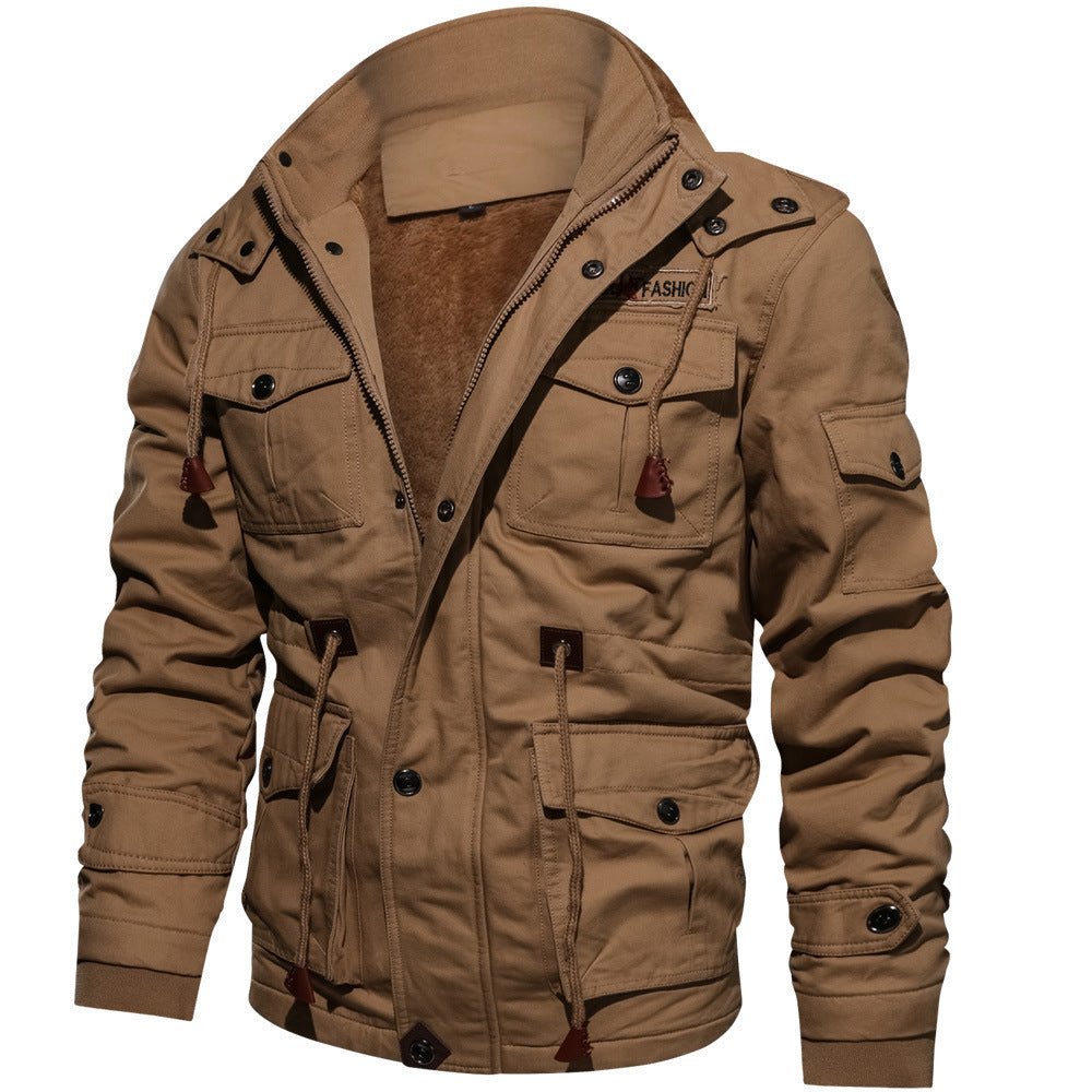 Winter Zip - up Coat Warm Thickened Detachable Hooded Jacket Multi - pocket Button Drawstring Long Sleeve Tops Men's Cargo Clothing - StepByStepNow
