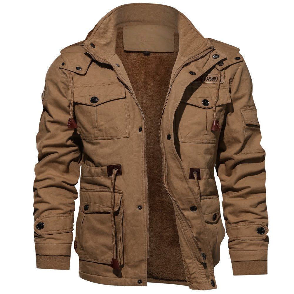 Winter Zip - up Coat Warm Thickened Detachable Hooded Jacket Multi - pocket Button Drawstring Long Sleeve Tops Men's Cargo Clothing - StepByStepNow