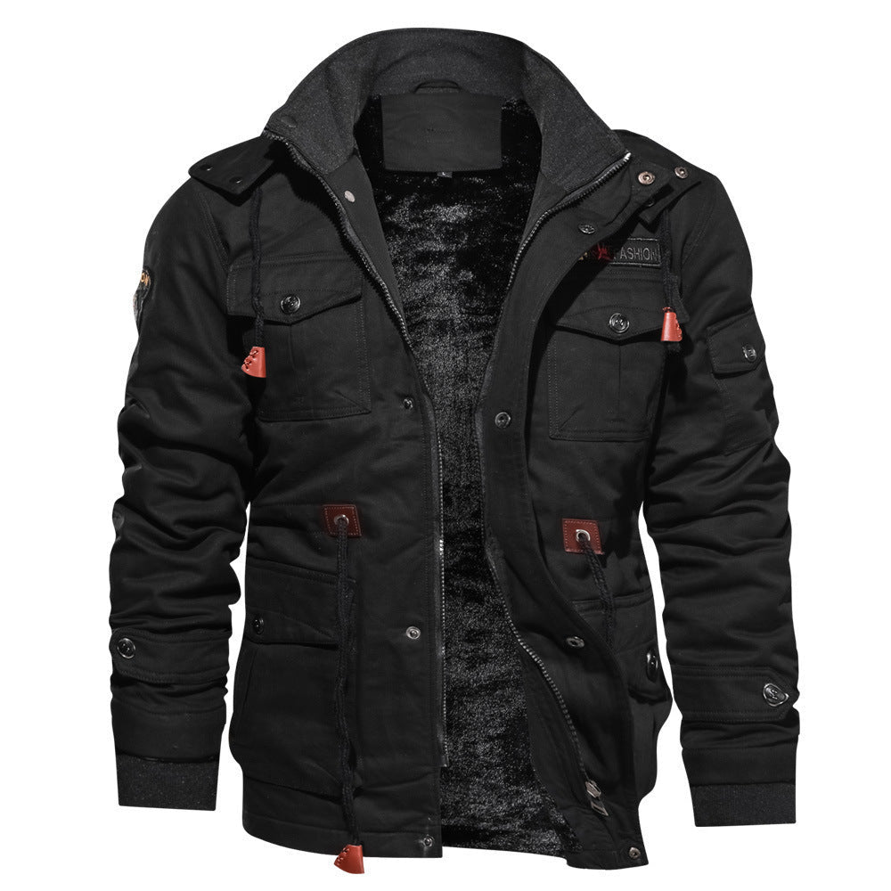 Winter Zip - up Coat Warm Thickened Detachable Hooded Jacket Multi - pocket Button Drawstring Long Sleeve Tops Men's Cargo Clothing - StepByStepNow