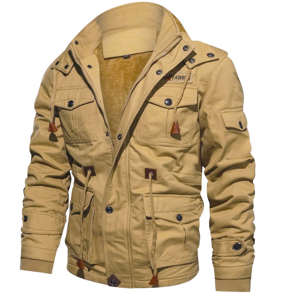 Winter Zip - up Coat Warm Thickened Detachable Hooded Jacket Multi - pocket Button Drawstring Long Sleeve Tops Men's Cargo Clothing - StepByStepNow