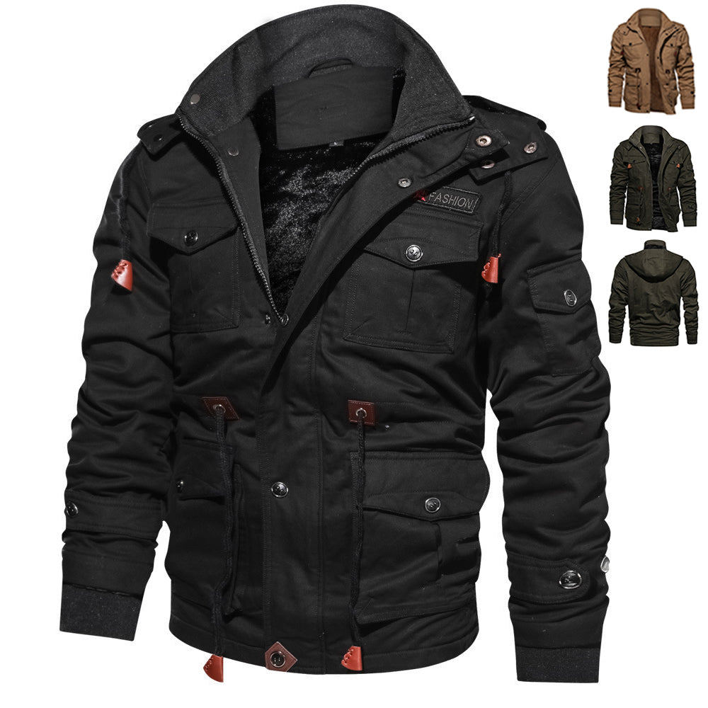 Winter Zip - up Coat Warm Thickened Detachable Hooded Jacket Multi - pocket Button Drawstring Long Sleeve Tops Men's Cargo Clothing - StepByStepNow