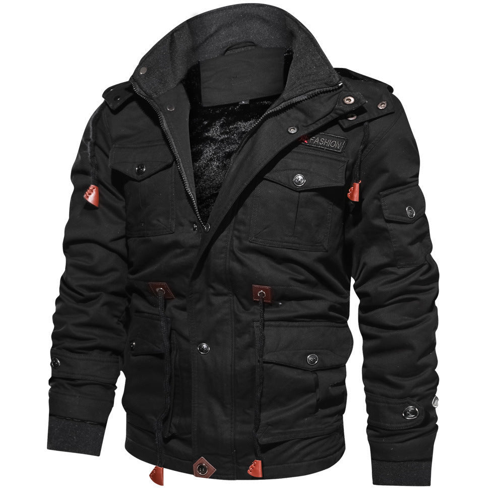Winter Zip - up Coat Warm Thickened Detachable Hooded Jacket Multi - pocket Button Drawstring Long Sleeve Tops Men's Cargo Clothing - StepByStepNow