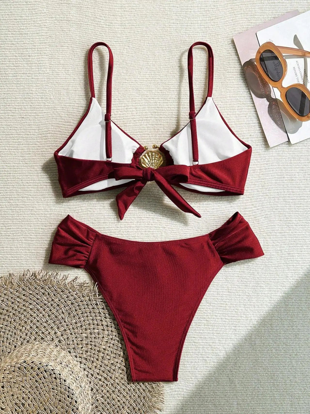 Women's 2026 New Sexy Shell Metal Button Bikini Set Solid Color Push Up Halter Two Piece Swimwear Summer Beach Bathing Suit - StepByStepNow