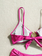 Women's 2026 New Sexy Shell Metal Button Bikini Set Solid Color Push Up Halter Two Piece Swimwear Summer Beach Bathing Suit - StepByStepNow