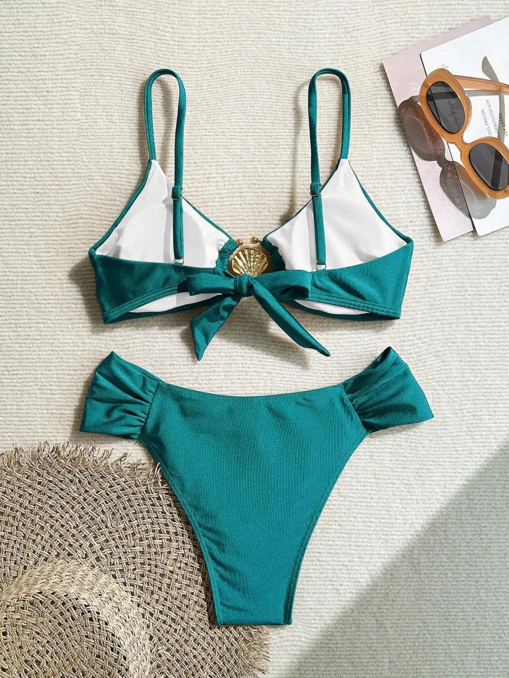 Women's 2026 New Sexy Shell Metal Button Bikini Set Solid Color Push Up Halter Two Piece Swimwear Summer Beach Bathing Suit - StepByStepNow